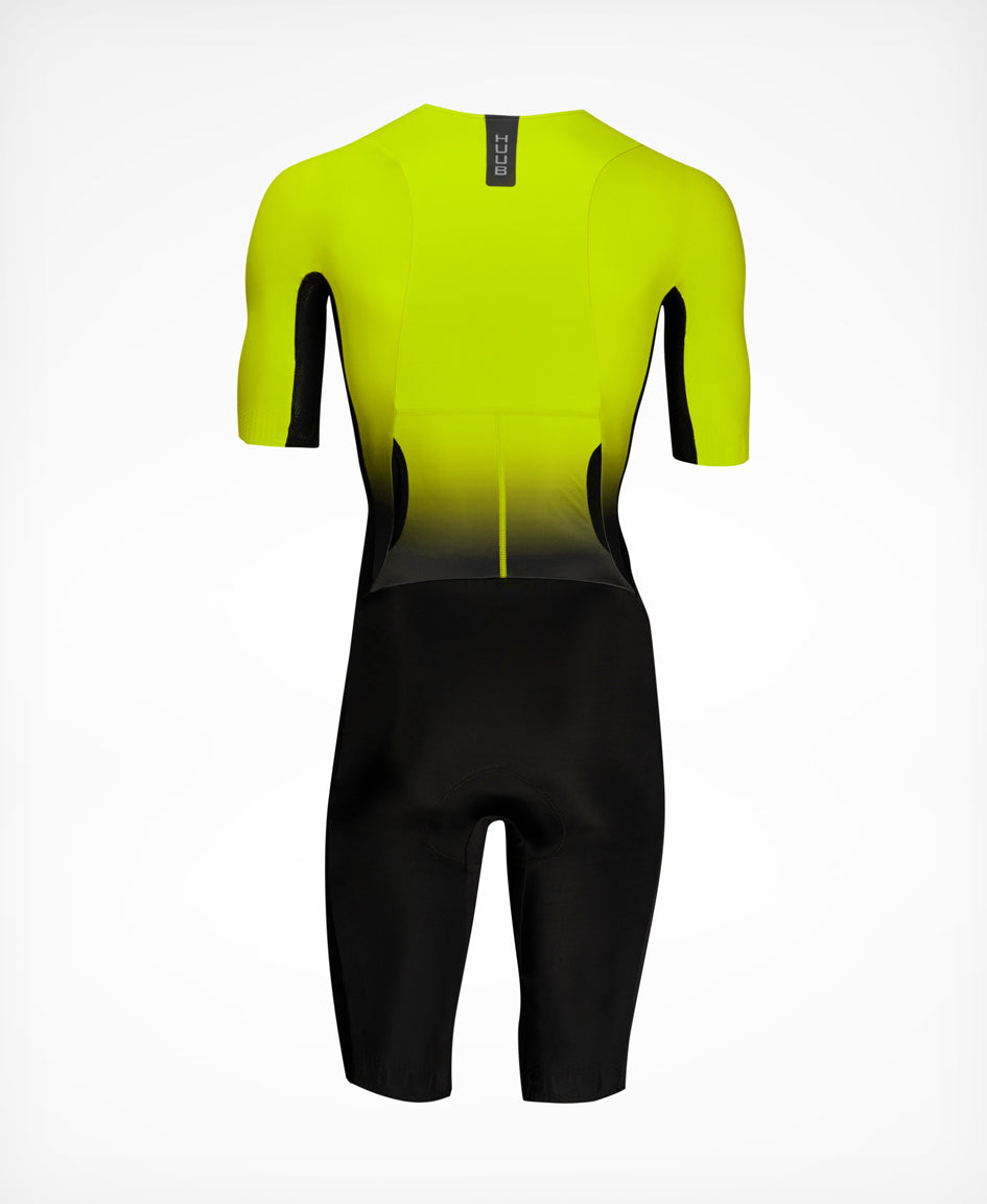 HUUB TC Performance Tri Suit Men’s – Fluo Yellow, Black White, long sleeve, mesh, 3D pad, rear pockets