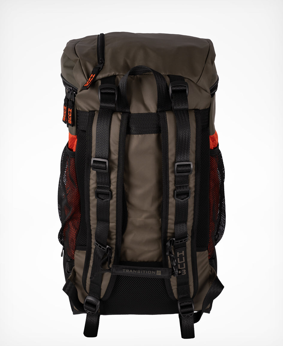 HUUB Transition Rucksack – large (40L) triathlon gear bag, with waterproof, helmet, and multiple compartments, available Olive/Orange or Dark Red/Black.