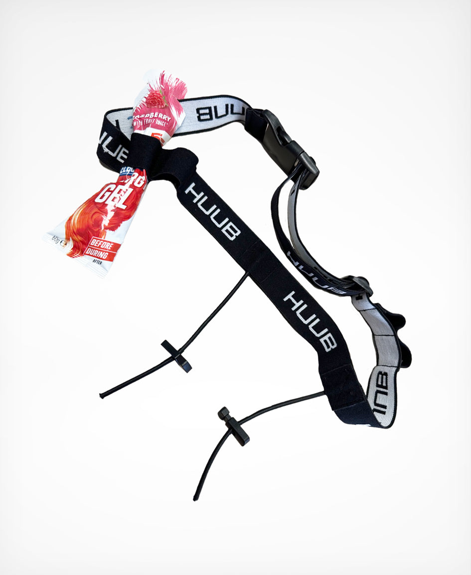 HUUB Gel Number Belt—adjustable black race number belt with 4 gel loops and comfort band.